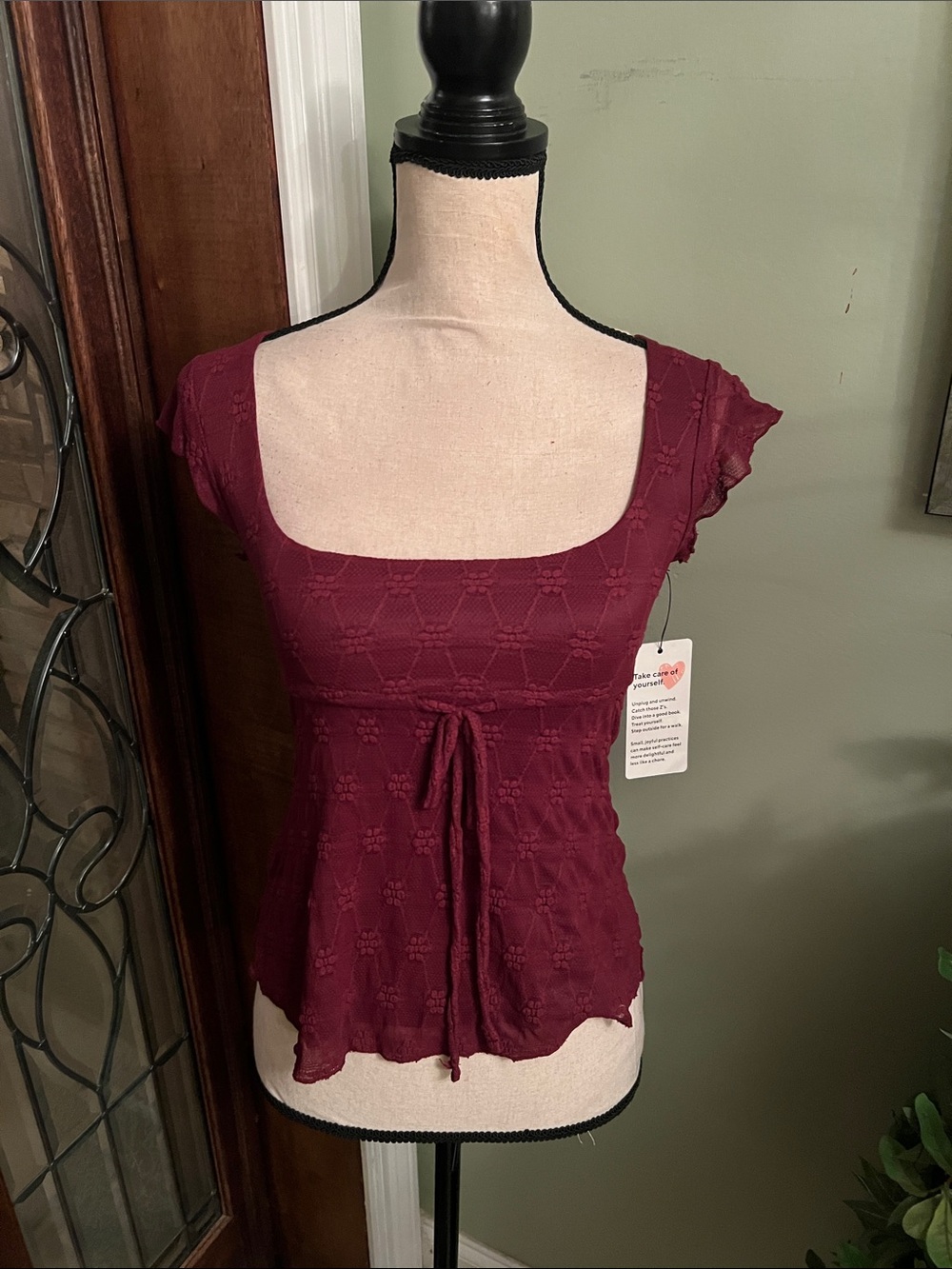 Square-Neck Lace Knit Tie-Front Tunic Top in Burgundy